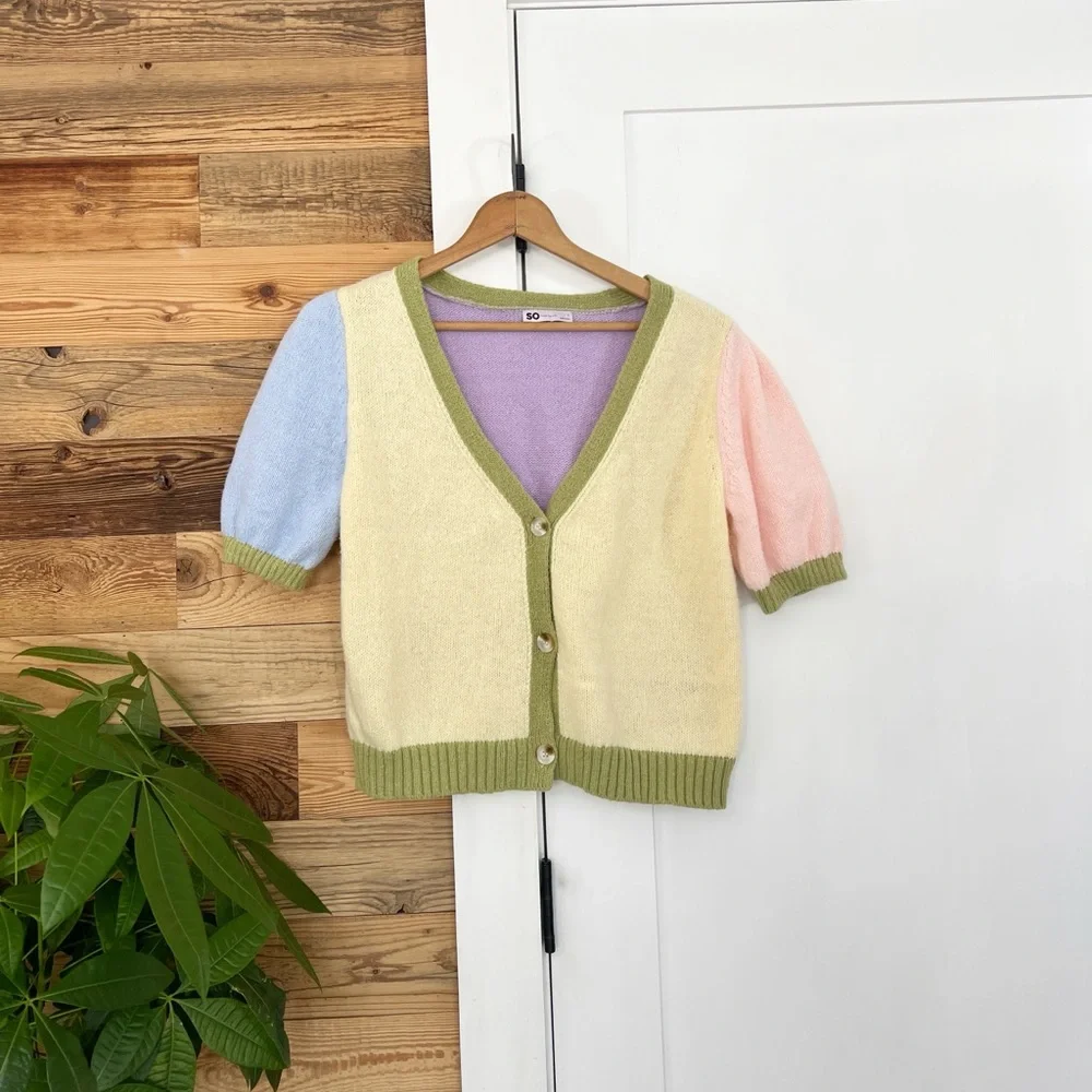 SO Pastel Color-Block Puff Sleeve Cardigan Large